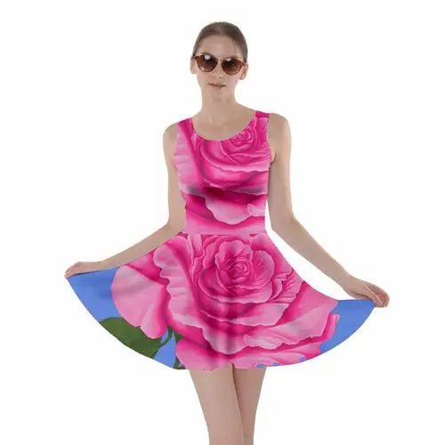 Roses Collections skater dress with vibrant pink roses print and colorful hem