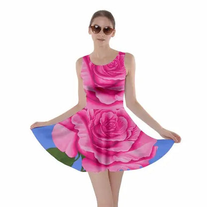 Roses Collections skater dress with vibrant pink roses print and colorful hem