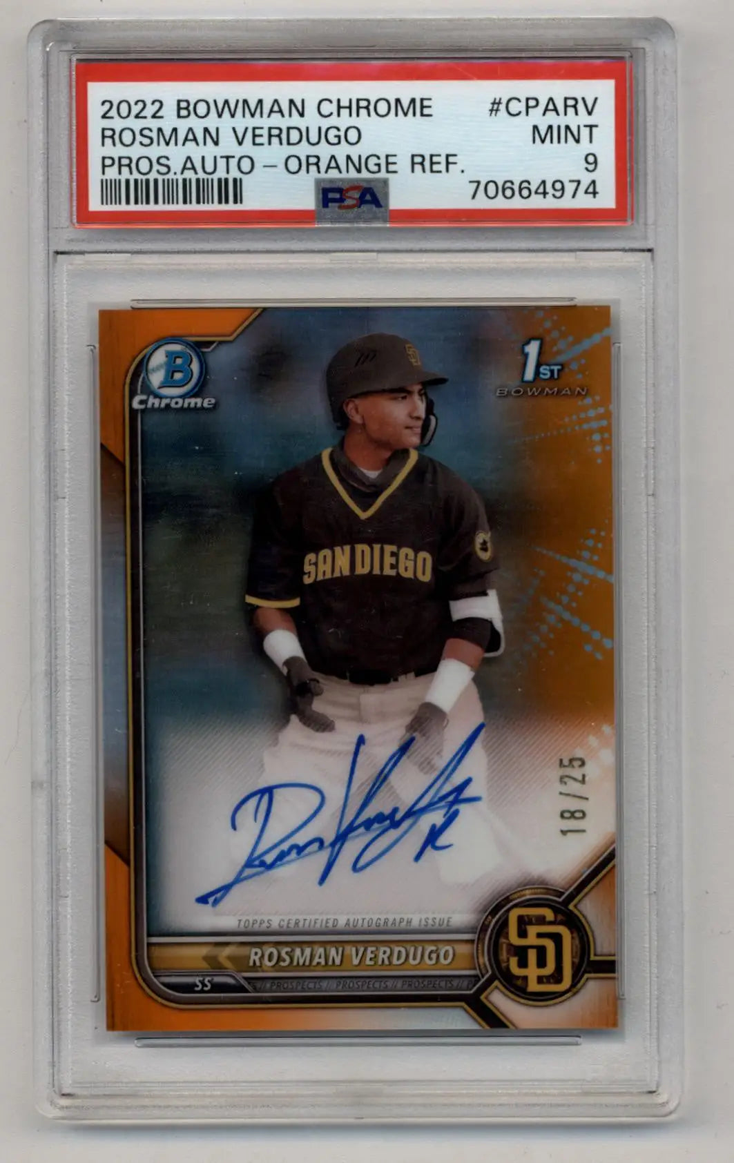 Rosman Verdugo 2022 Bowman Chrome Orange Refractor Auto card PSA 9 Mint