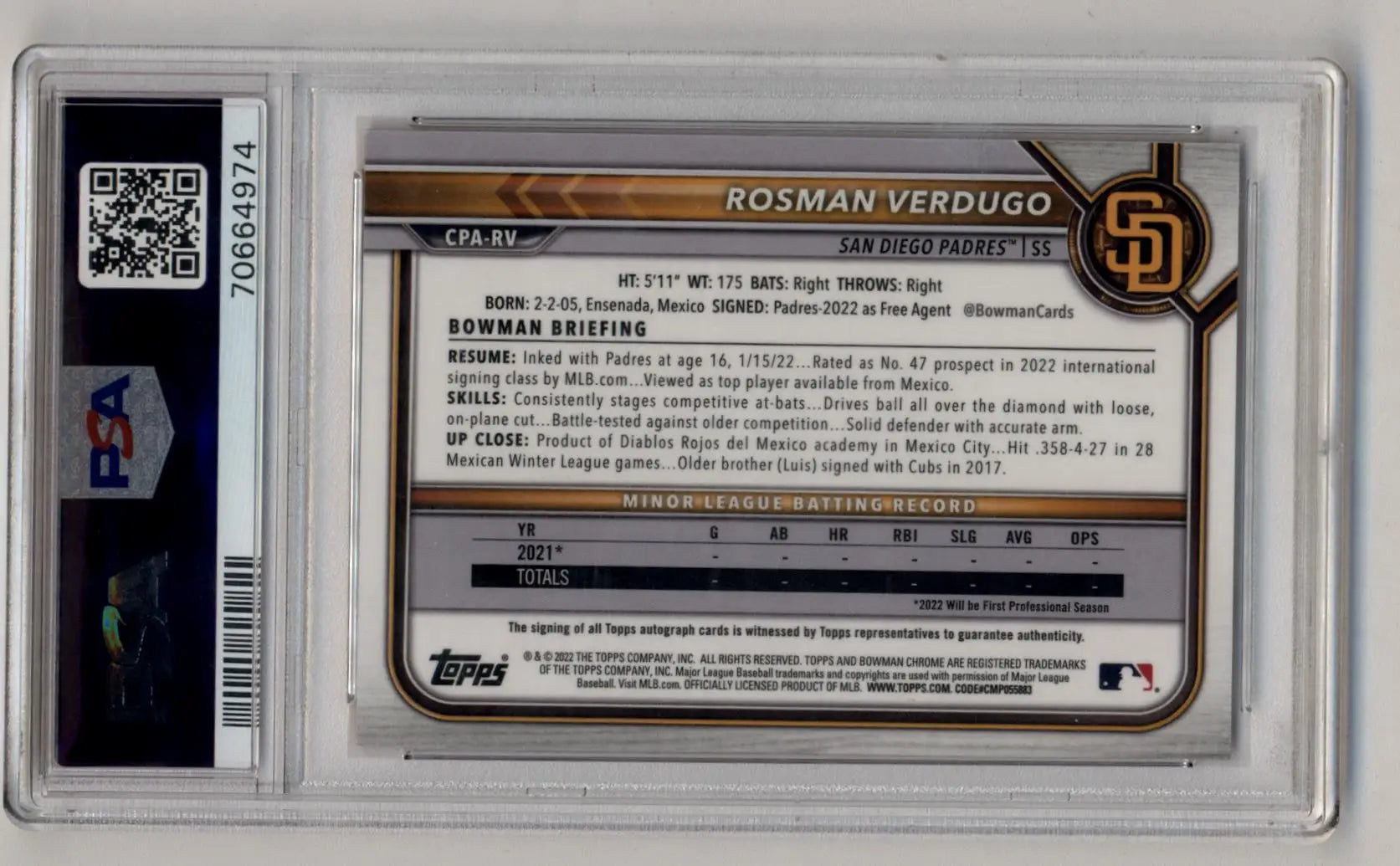 Graded Rosman Verdugo 2022 Bowman Chrome Prospects Orange Refractor Auto 18/25 PSA 9