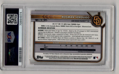 Graded Rosman Verdugo 2022 Bowman Chrome Prospects Orange Refractor Auto 18/25 PSA 9