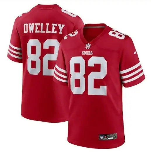 Red San Francisco 49ers Ross Dwelley Nike team game jersey with number 82 and name on back