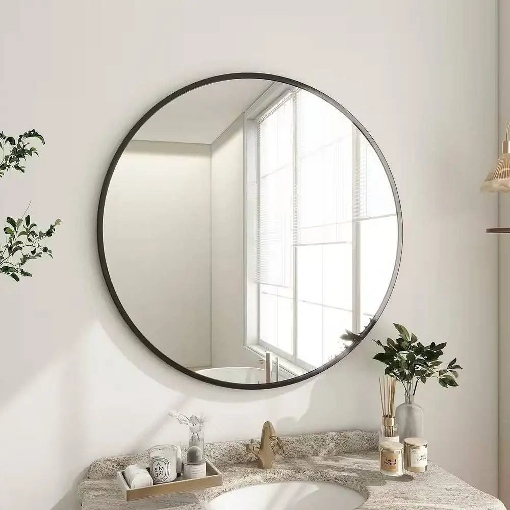 Round 30-inch Circular Bathroom Wall Mirror with Black Frame - Bathroom Mirrors
