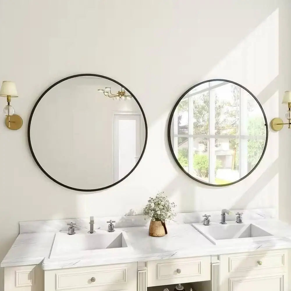 Round 30-inch Circular Bathroom Wall Mirror with Black Frame - Bathroom Mirrors