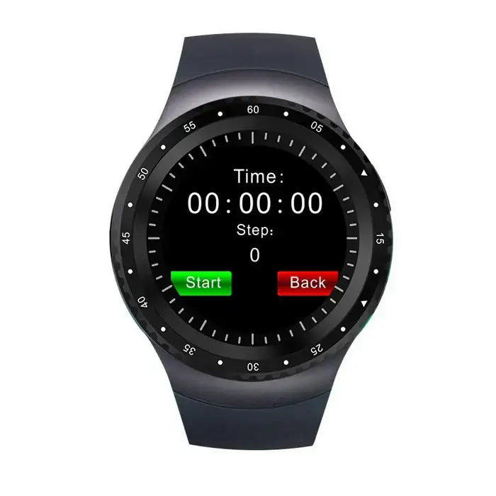 Black round sports smartwatch with timer and step counter for Android phones