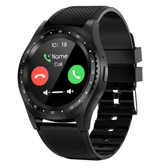 Black round sports smartwatch for Android phone displaying incoming call interface during business days
