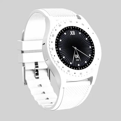 White round sports smartwatch with black face and Roman numeral XII for Android phones