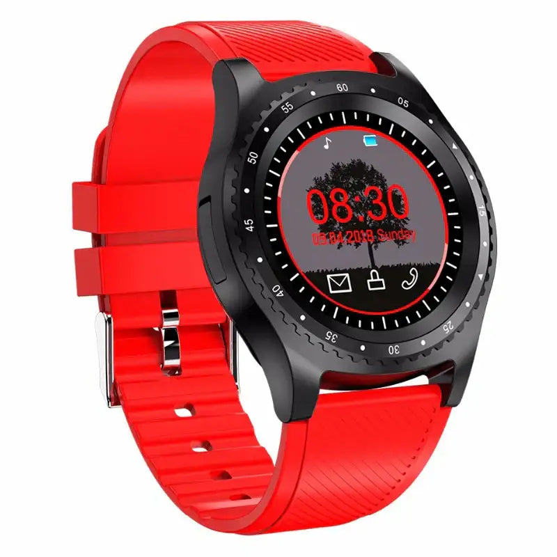 Black round sports smartwatch for Android phone with red silicone strap and digital display