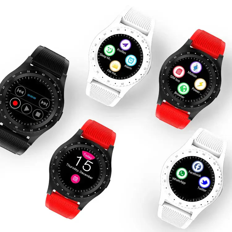 Round sports smartwatch collection with black and white bodies and red or white straps