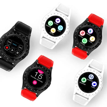 Round sports smartwatch collection with black and white bodies and red or white straps