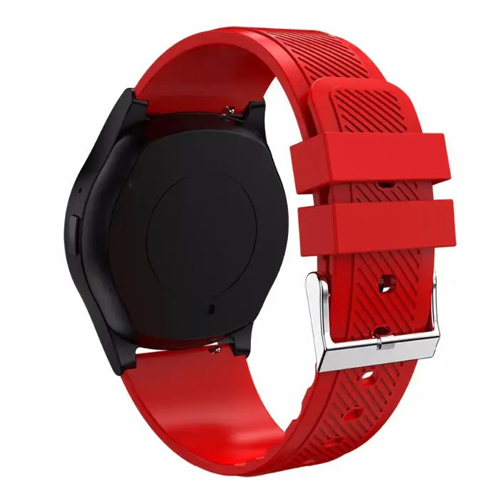 Black round sports smartwatch with vibrant red silicone strap for Android phones