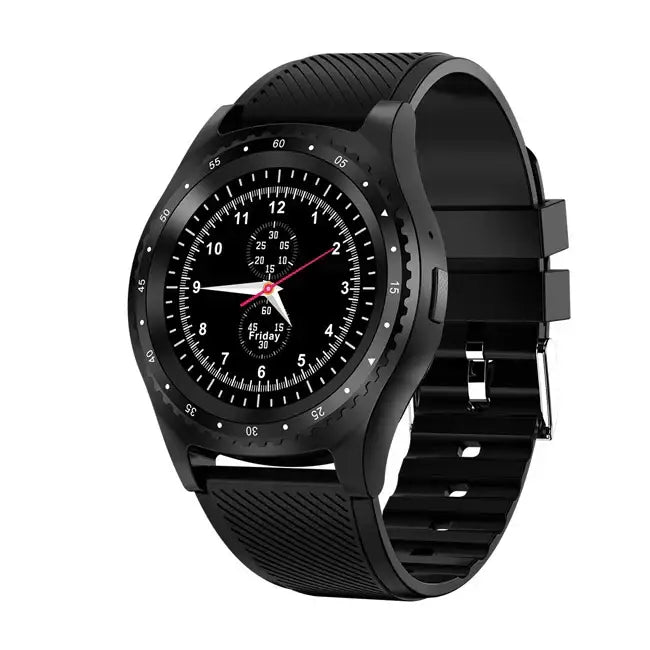 Black round sports smartwatch with textured silicone strap and multiple subdials for Android phones