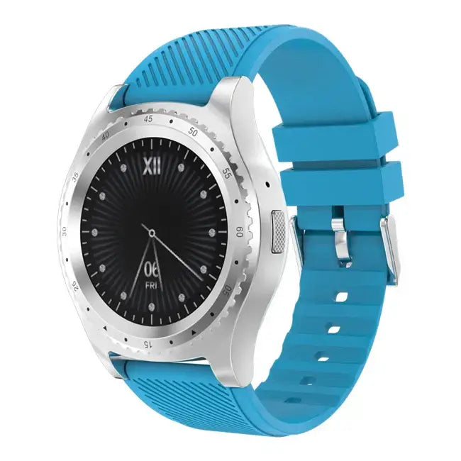Round sports smartwatch with silver case, black face, blue silicone strap for Android phones