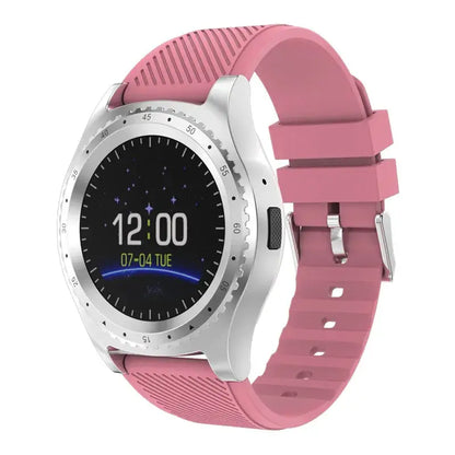 Pink round sports smartwatch for Android phone with silver casing and digital display