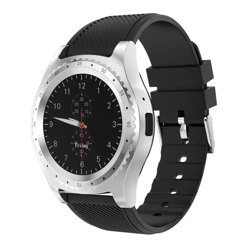 Silver-cased round sports smartwatch with black face and rubber strap for Android phones