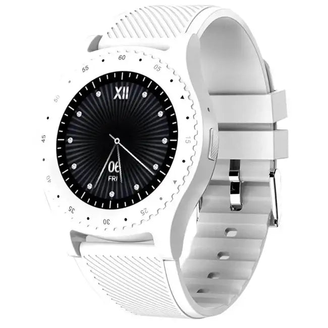 White digital round sports smartwatch with black face and ribbed strap for Android phones