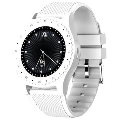 White digital round sports smartwatch with black face and ribbed strap for Android phones