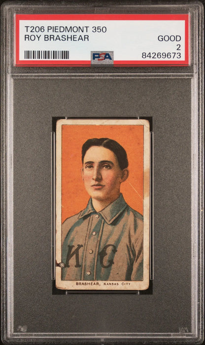 PSA-graded T206 Piedmont 350 trading card of Roy Brashear in gray uniform on orange background