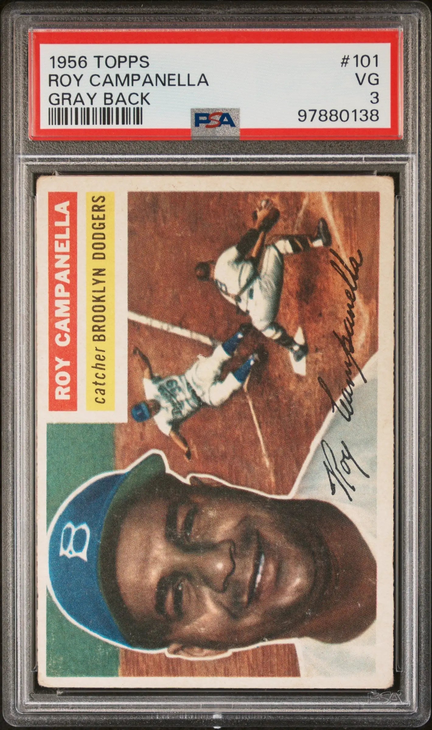 1956 Topps Roy Campanella baseball card with gray back, graded VG 3, PSA 3