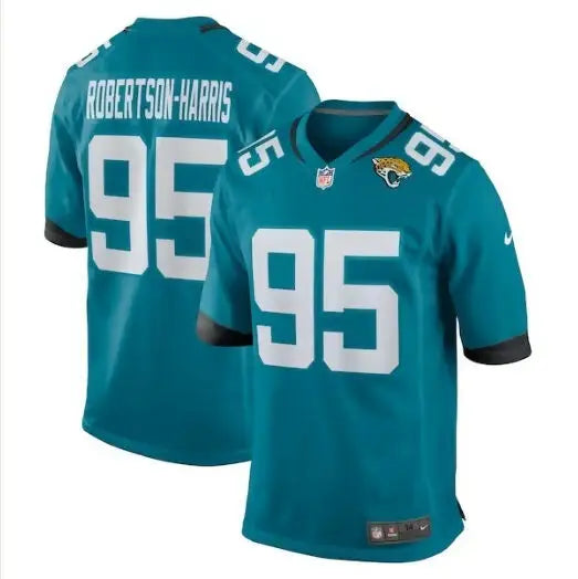 Two teal Jacksonville Jaguars Nike Game jerseys with black trim featuring Roy Robertson-Harris
