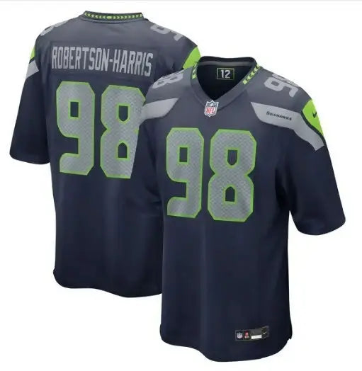 Dark blue and neon green Seattle Seahawks Roy Robertson-Harris football jersey with number 98