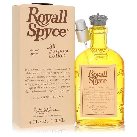 Royall Spyce by Royall Fragrances perfume with crown-shaped cap and beige box