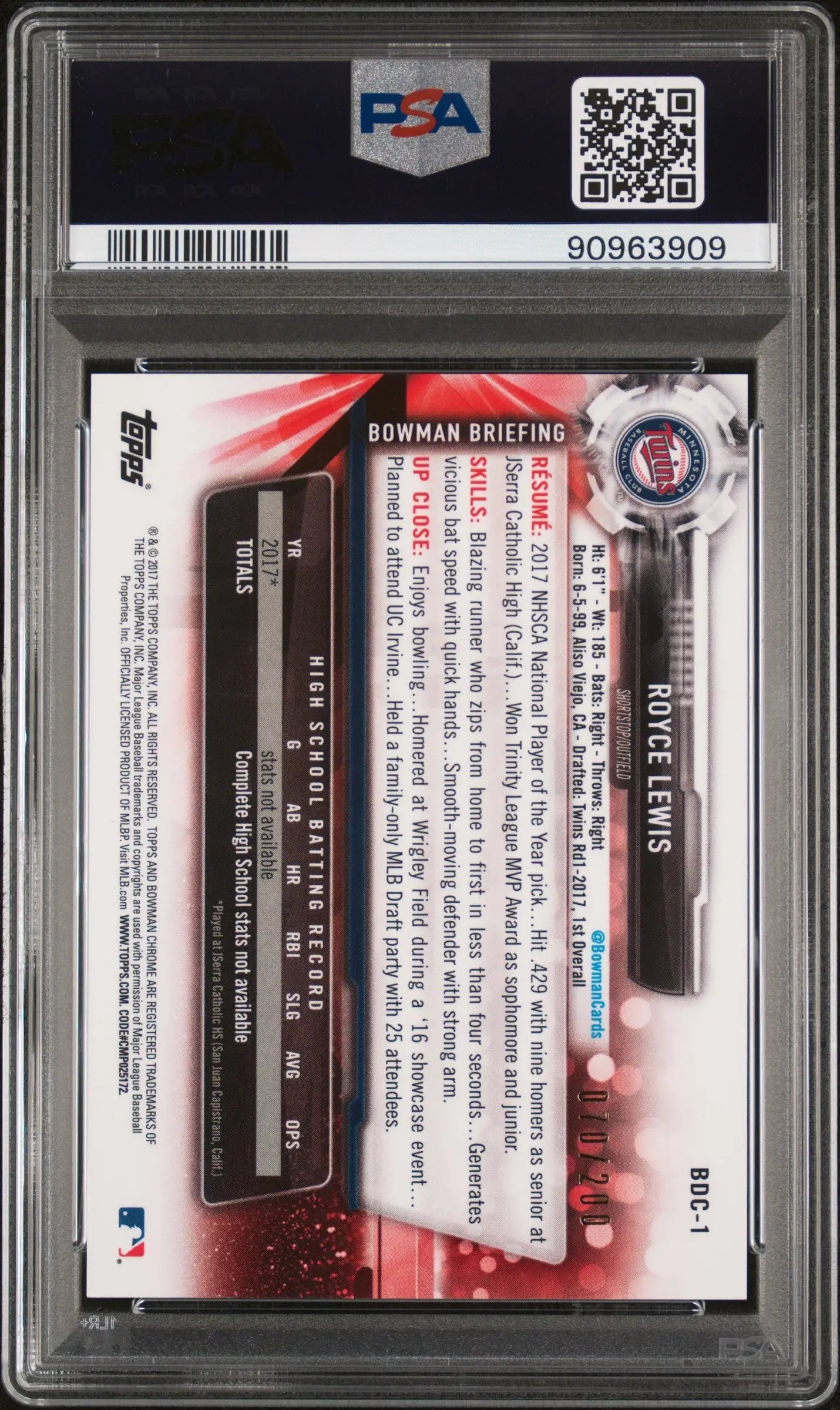 Graded Royce Lewis Bowman Chrome Draft 70th Refractor card PSA 10 Gem Mint