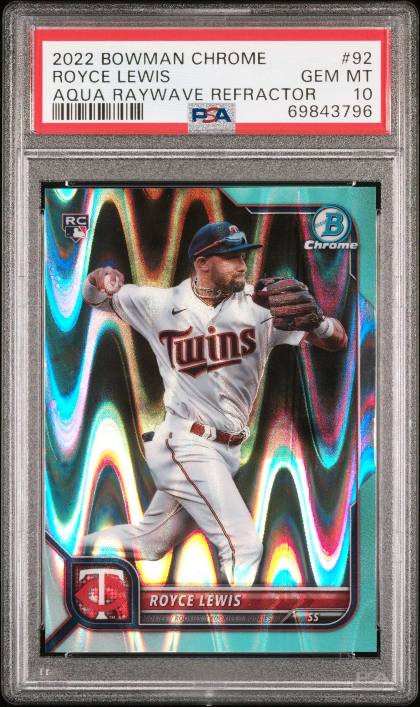 Royce Lewis Bowman Chrome Aqua Raywave Refractor card graded PSA 10 Gem Mint