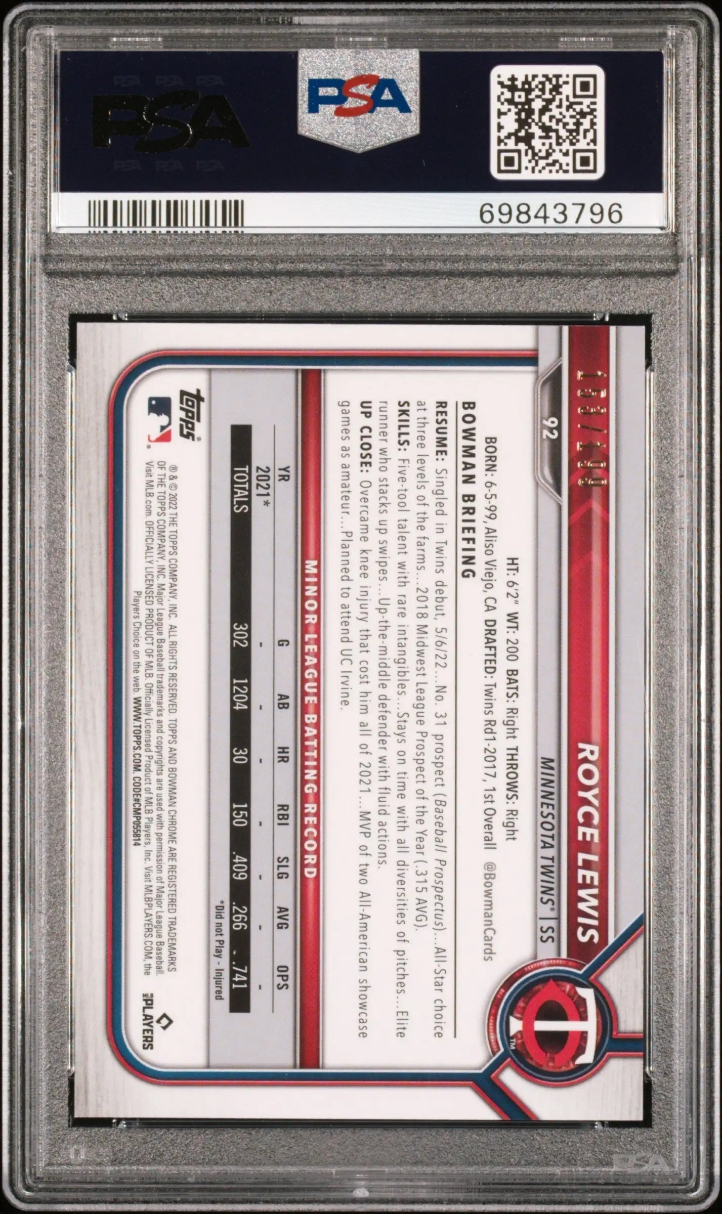 Graded Royce Lewis 2022 Bowman Chrome Aqua Raywave Refractor card PSA 10 Gem Mint