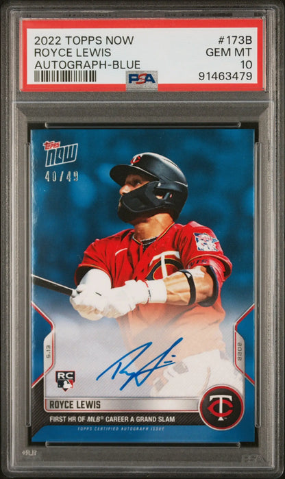 PSA-graded Royce Lewis 2022 Topps Now 173B Blue Auto baseball card #40/49