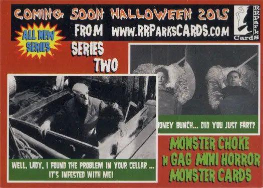 Promo card for RR Parks Halloween 2015 trading cards featuring classic monster scenes