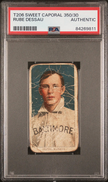 PSA-graded Rube Dessau T206 Sweet Caporal baseball card featuring Baltimore player