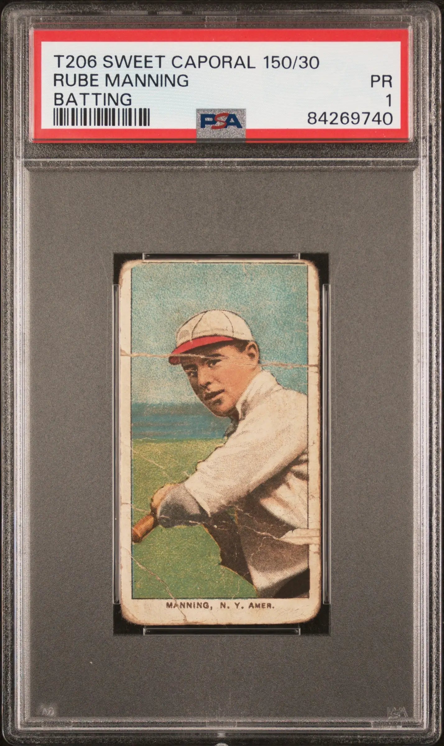 Rube Manning T206 Sweet Caporal baseball card in white uniform with red cap, PSA 1 Poor