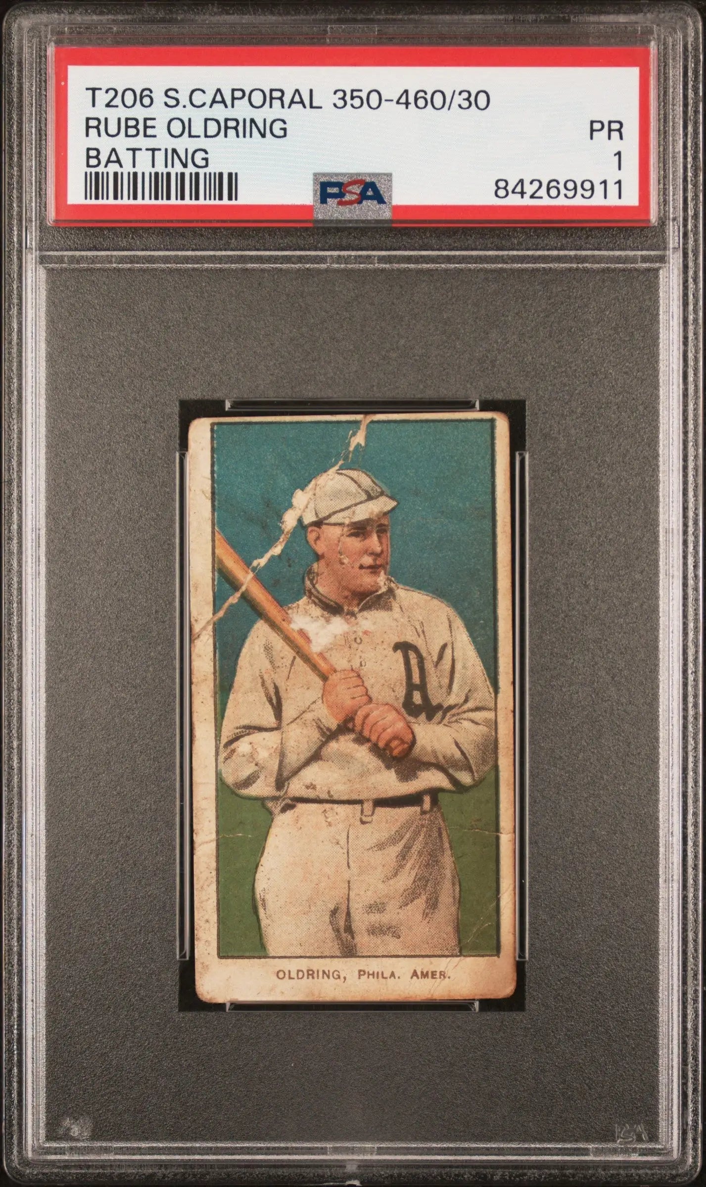 Vintage Rube Oldring T206 Sweet Caporal baseball card of player with bat