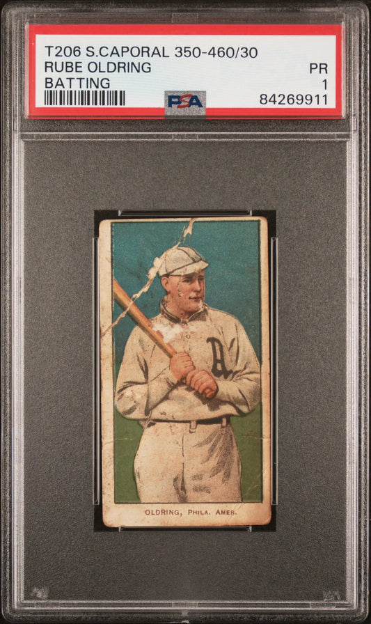 Vintage Rube Oldring T206 Sweet Caporal baseball card of player with bat