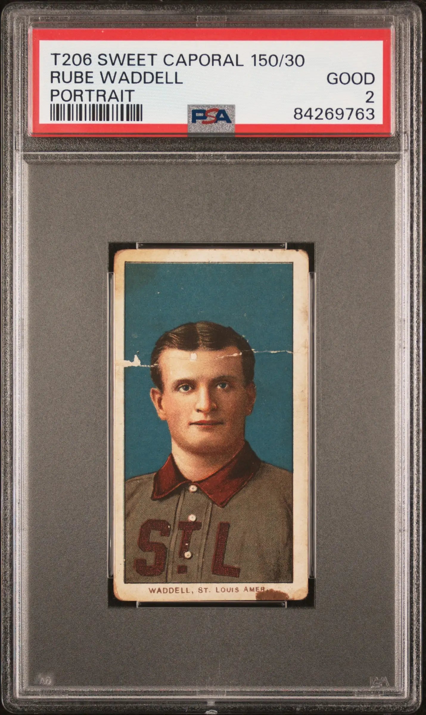 Rube Waddell 1909-11 T206 Sweet Caporal card in protective holder PSA 2 Good condition