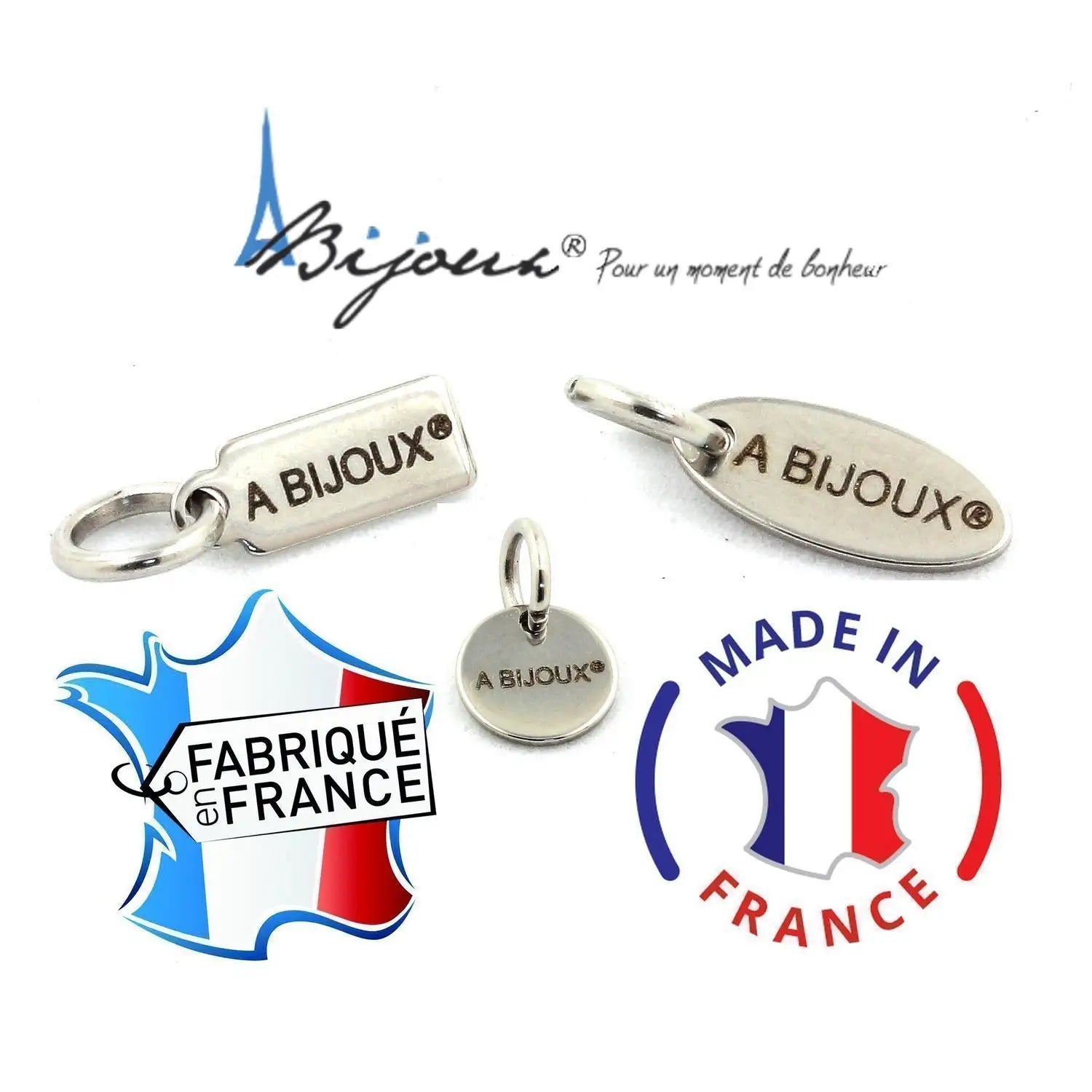 Silver jewelry charms and Made in France labels for Ruby Burma and Red Tigers Eye bracelet