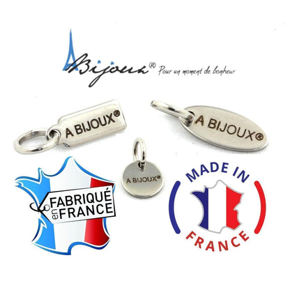 Silver jewelry charms and Made in France labels for Ruby Burma and Red Tigers Eye bracelet