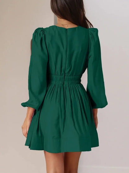 Ruched V-Neck Balloon Sleeve Mini Dress - dress