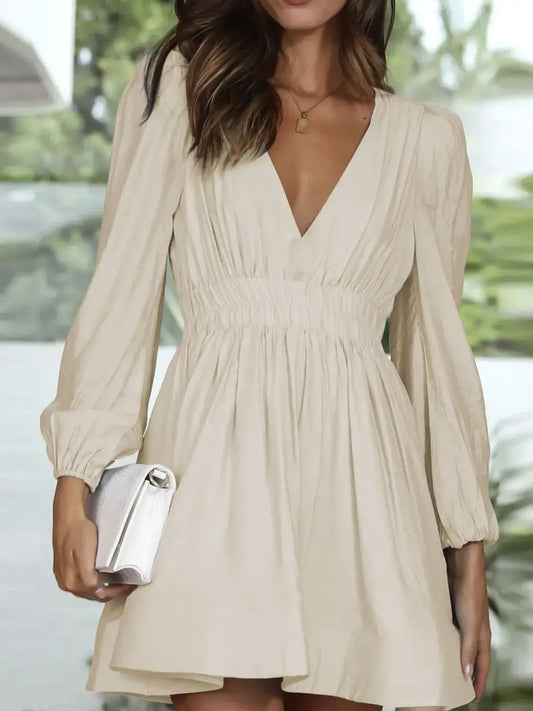 Ruched V-Neck Balloon Sleeve Mini Dress - Beige / S - dress