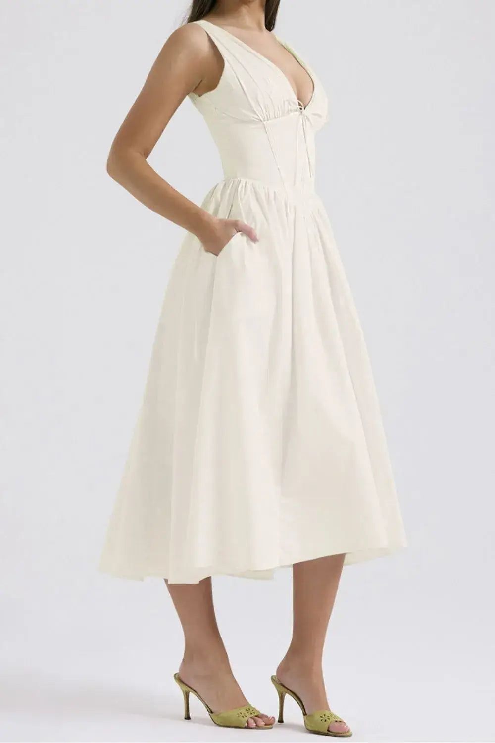 Ruched V-Neck Sleeveless Dress with Pockets - dress