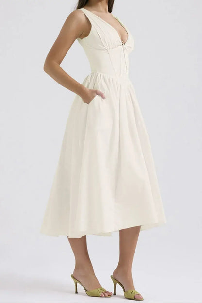 Ruched V-Neck Sleeveless Dress with Pockets - dress