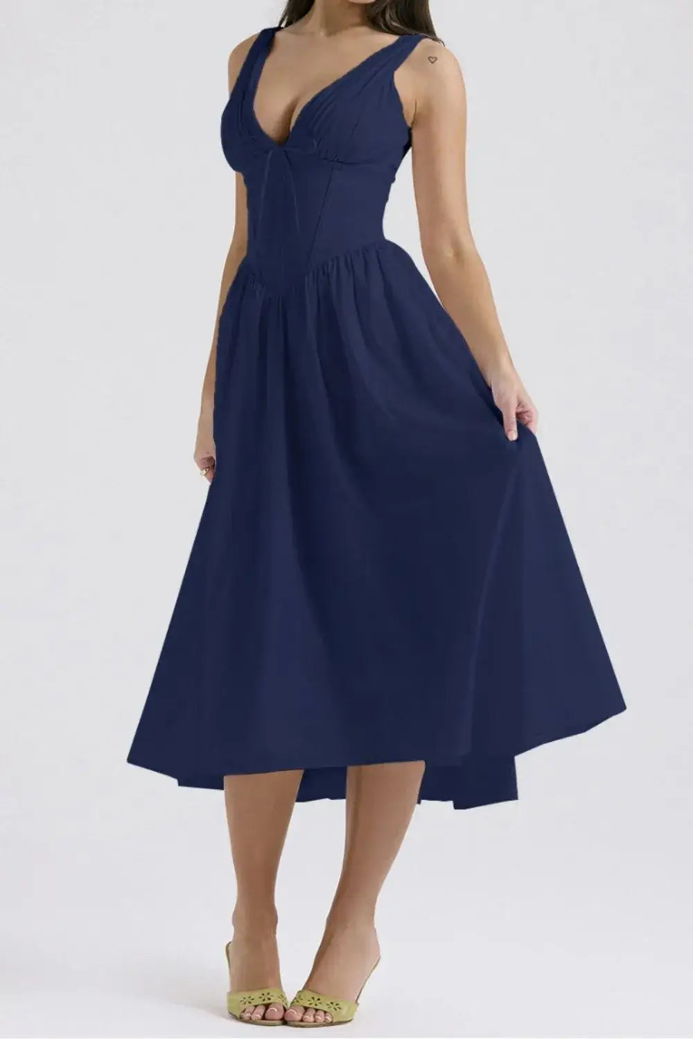 Ruched V-Neck Sleeveless Dress with Pockets - dress