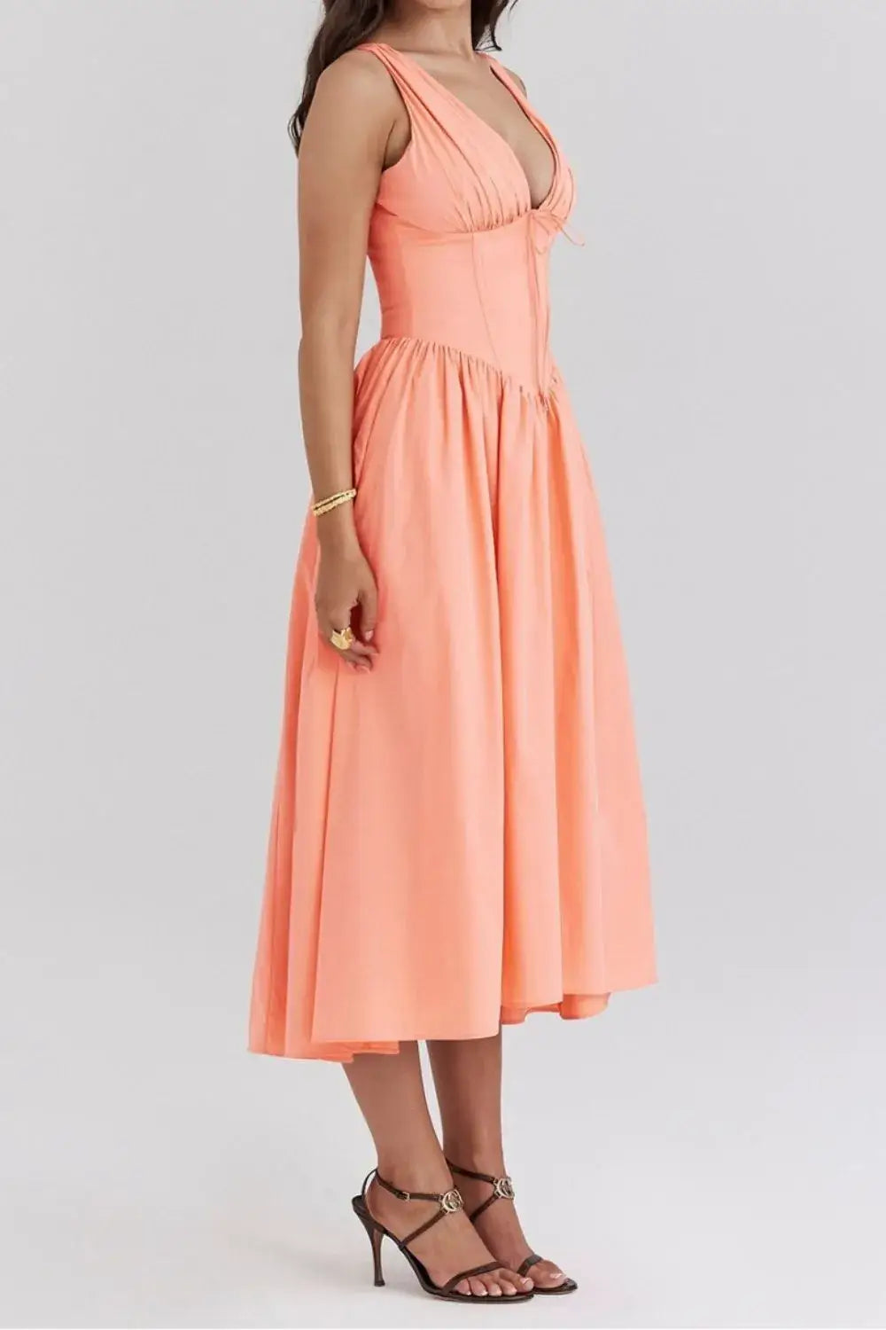 Ruched V-Neck Sleeveless Dress with Pockets - dress