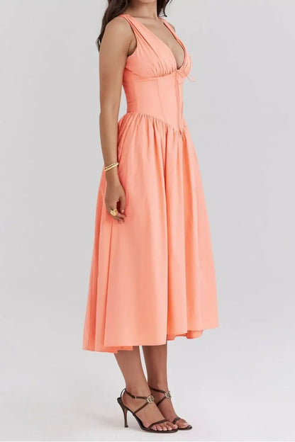 Ruched V-Neck Sleeveless Dress with Pockets - dress