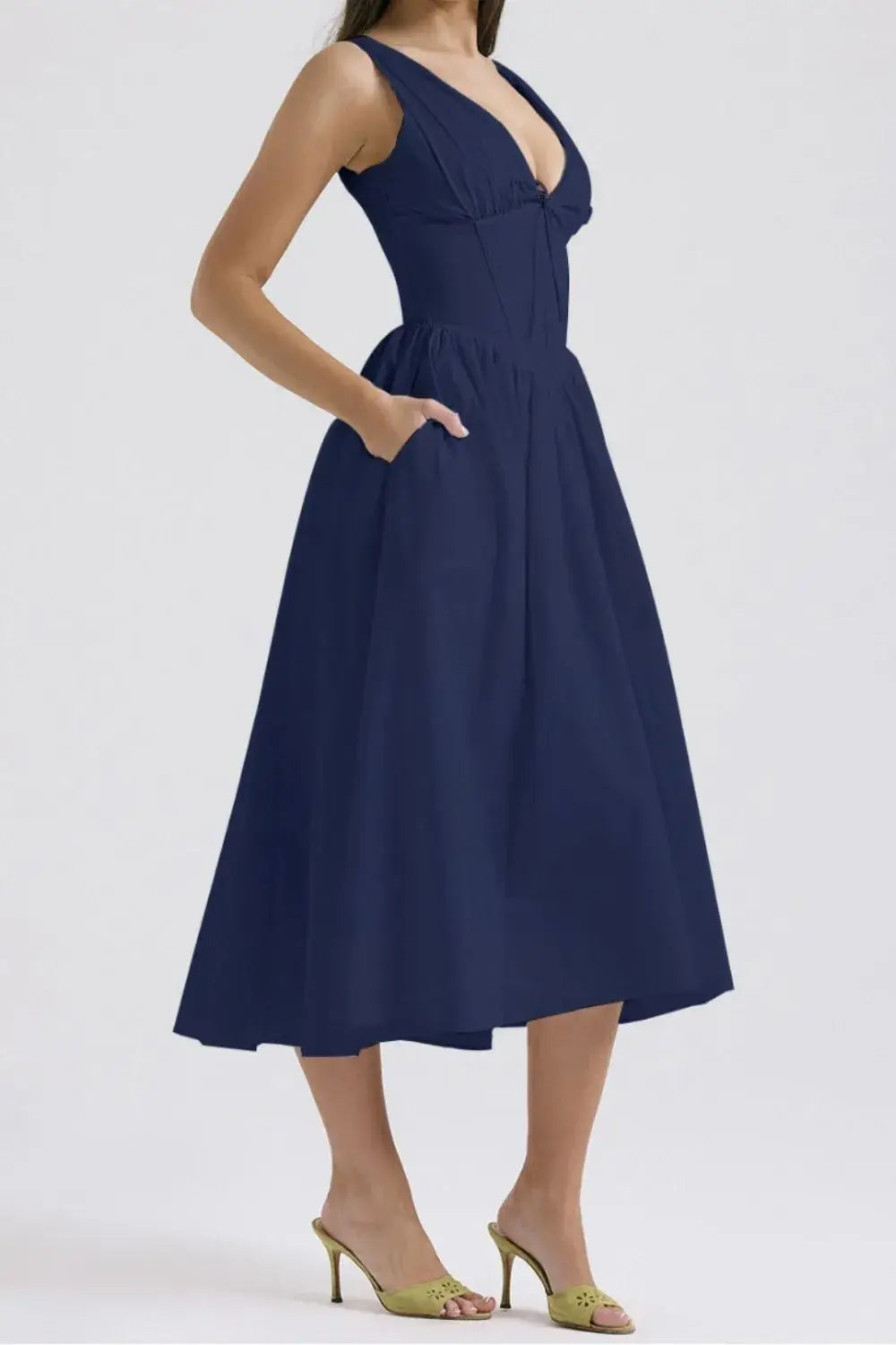 Ruched V-Neck Sleeveless Dress with Pockets - dress