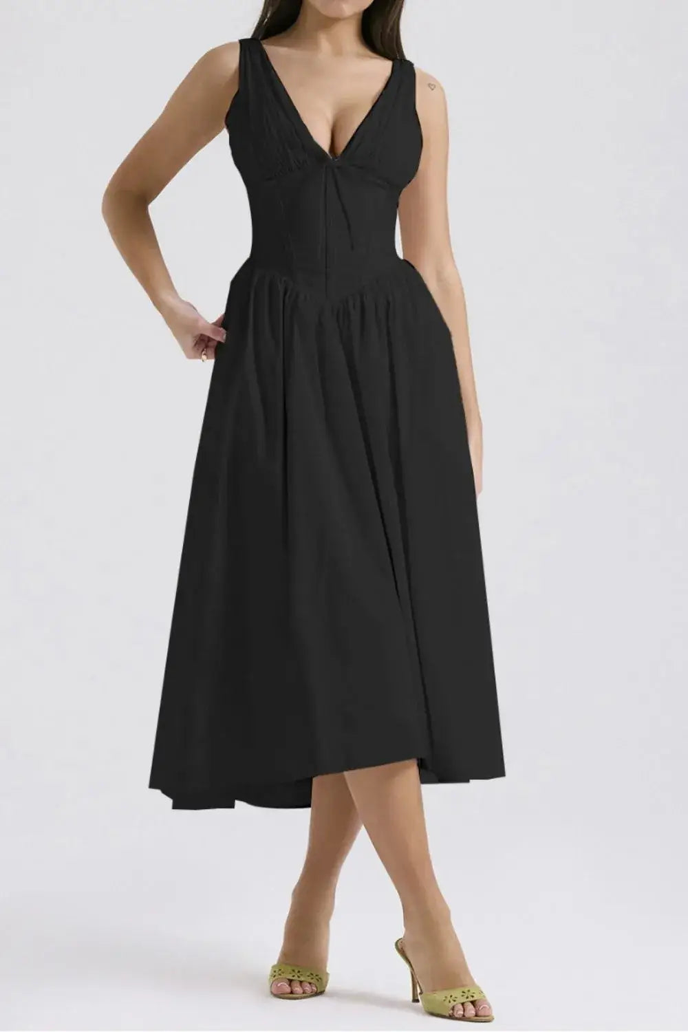 Ruched V-Neck Sleeveless Dress with Pockets - dress