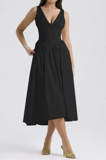 Ruched V-Neck Sleeveless Dress with Pockets - dress