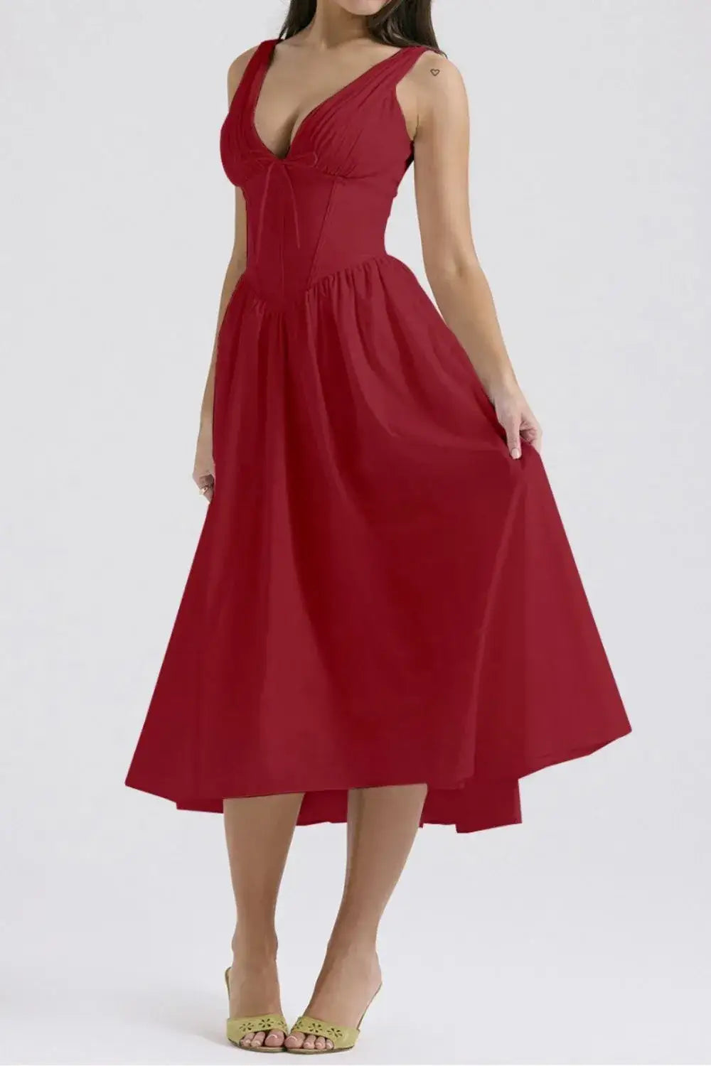 Ruched V-Neck Sleeveless Dress with Pockets - dress