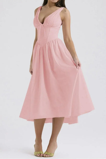 Ruched V-Neck Sleeveless Dress with Pockets - dress